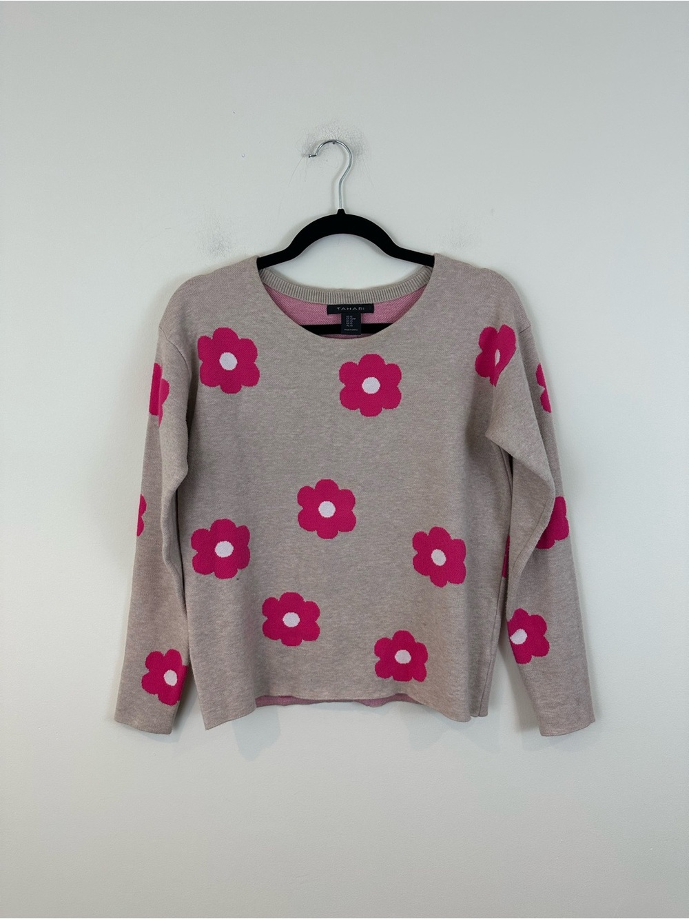 Tahari Beige Floral-Print Crewneck Sweater with Pink Flowers Back Button XS